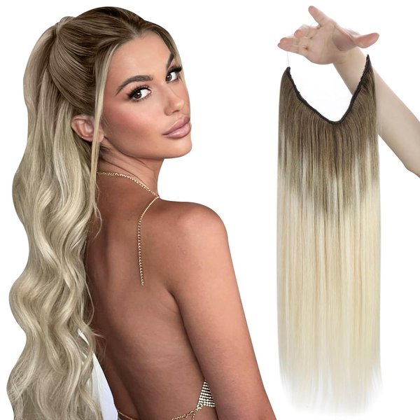 Sunny Invisible Wire Hair Extensions Ombre Blonde Wire Extensions Human Hair Light Brown to Platinum Blonde Ombre Hair Extensions with Transparent Wire 80G 16Inch