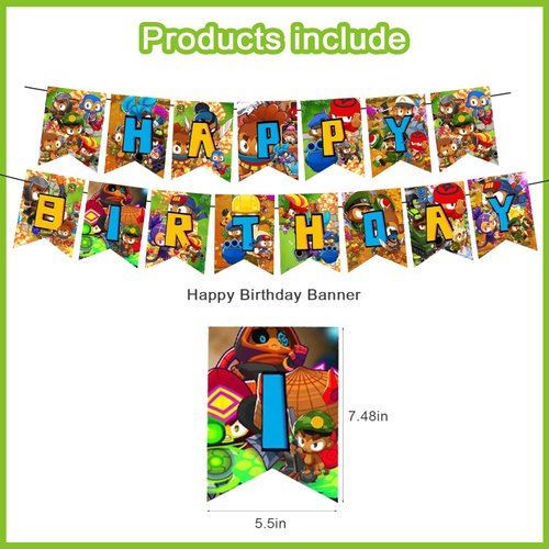 Bloons TD 6 Birthday Party Decorations, Bloons TD Video Game Party Supplies set with Happy Birthday Banner, Cake Cupcake Toppers, Balloons for Fans Adults Party Decorations