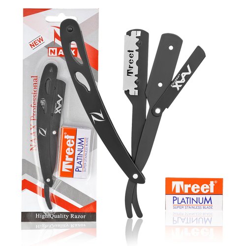 NAAX Professional Barber Straight Edge Razor Safety-Straight Razor-Close Shaving Men's Manual Shaver-Razor Blade for Close Men Shaving Knife- Black Premium Quality