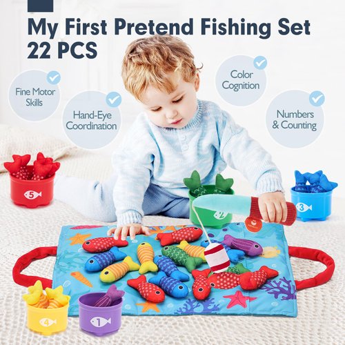 hahaland Toddler Toys Montessori Toys for 1 Year Old Boy Girl Birthday Gift -10 in 1 Cloth Fishing Game for Toddler 1-3 with Stacking Cups- Number Counting, Color Sorting, Shape Learning