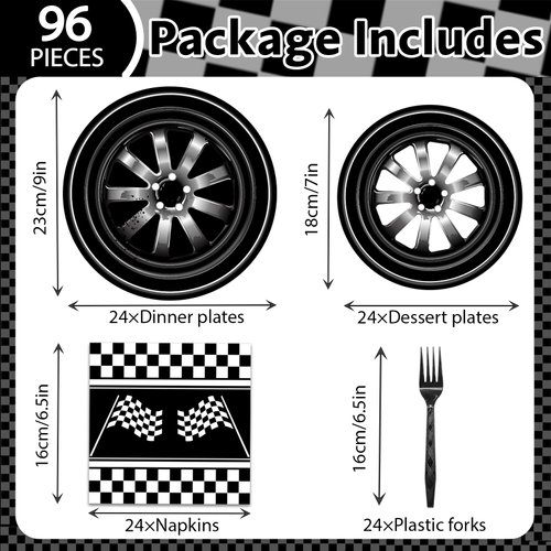 96 PCS Race Car Birthday Party Supplies Cars Birthday Decorations Tableware Set Racing Party Plates Napkins Forks for Kids Boys Serves 24