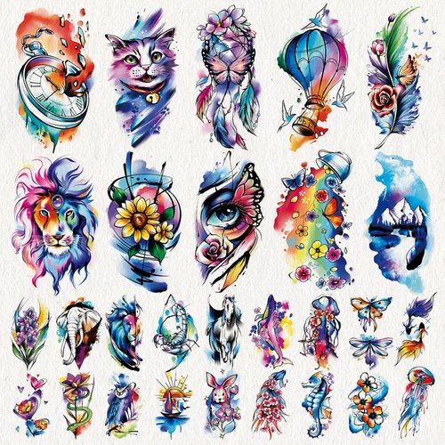 Cerlaza 79 Sheets Temporart Tattoos Realistic for Adult Kids, Colorful Fake Tattoos Waterproof With Lion Cat Rabit Butterfly, Long Lasting Temp Tattoo Stickers for Women Girls