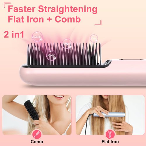 Hair Straightener Brush Cordless Portable Hair Straightening Brush Mini Rechargeable Hot Comb for Women Girls Hair Dryer Straightener for Travel (Pink)