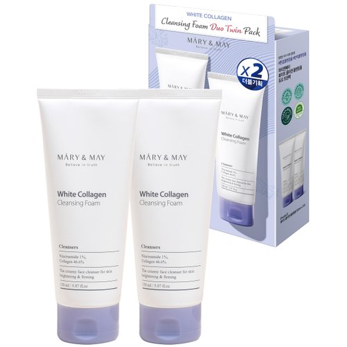 Mary&May White Collagen Cleansing Foam Duo Twin Pack - Deep Cleansing, Hydrating Formula for Firm and Radiant Skin with Niacinamide - Korean Skincare, EWG Green Grade, Hypoallergenic