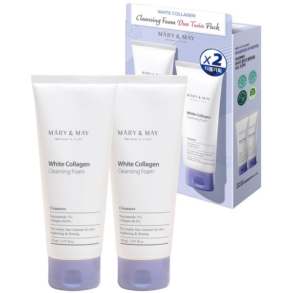 Mary&May White Collagen Cleansing Foam Duo Twin Pack - Deep Cleansing, Hydrating Formula for Firm and Radiant Skin with Niacinamide - Korean Skincare, EWG Green Grade, Hypoallergenic