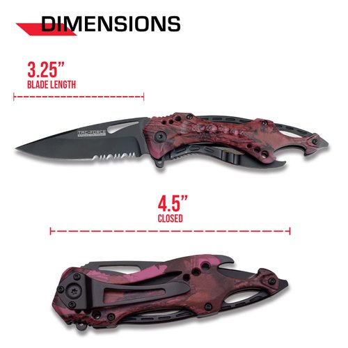 Tac Force- Spring Assisted Folding Pocket Knife – Black Stainless Steel Blade with Purple Camo Coated Aluminum Handle, Bottle Opener, Glass Punch and Pocket Clip, Tactical, EDC, Rescue - TF-705PC