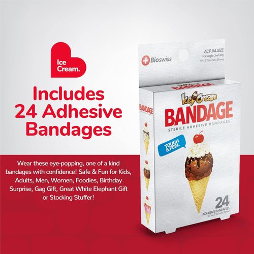 BioSwiss Bandages, Ice Cream Shaped Self Adhesive Bandages, Latex Free Sterile Wound Care, Fun First Aid Kit Supplies for Kids, 24 Count