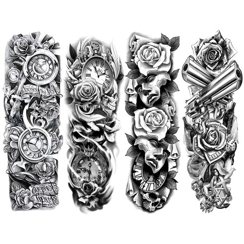 Oottati 4 Sheets Black Full Arm Flower Clock Mask Rose Gun Cross Body Art Temporary Tattoo Stickers