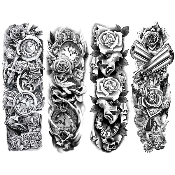 Oottati 4 Sheets Black Full Arm Flower Clock Mask Rose Gun Cross Body Art Temporary Tattoo Stickers