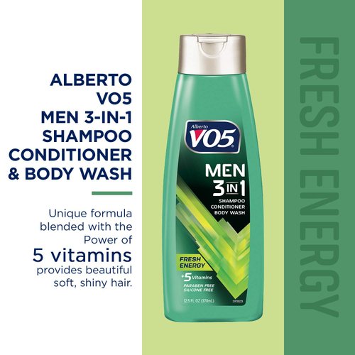 Alberto VO5 Mens 3-IN-1 Shampoo Conditioner and Body Wash - 12.5 Oz - Fresh Energy - 5 Essential Vitamins to Help Nourish and Hydrate Your Hair and Skin- Vitamin A, H, C, B5 and B3, multi (11304)