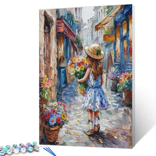 Graffitic Street Art Paint by Numbers Kits 16x20 inch Canvas Cute Girl Hold The Wildflowers DIY Oil Painting for Adults Beginner,16''x20' inch Doodle Children Art with Brushes House Decor(DIY Frame)