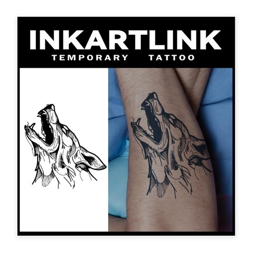 INKARTLINK Tattoo Tech, 2 Sheets Medium Semi Permanent Tattoo, Adult Art Design Temporary Tattoos, Lasts 1-2 Weeks, Waterproof, Realistic Look, No Adhesive, No Reflection (Wolf Howling Design)