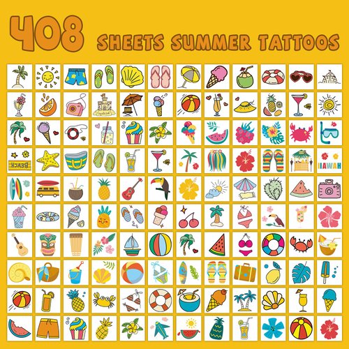 EMOME 408 Sheets Luau Individual Wrapped Kids Tattoos, Hawaiian Temporary Tattoos for Kids Tropical Beach Pool Party Favors Supplies, Fake Tattoos Stickers for Boys Girls