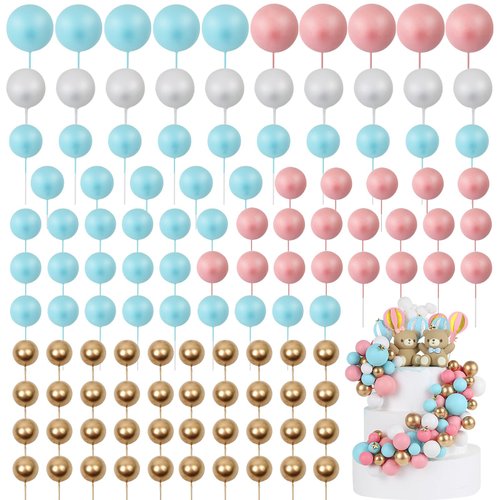 Acmee 115 PCS Ball Cake Toppers - Mini Balloon Cake Decorations Foam Ball Cupcake Picks DIY cake Insert Toppers for Gender Reveal Baby Shower Birthday Party- Blue Pink