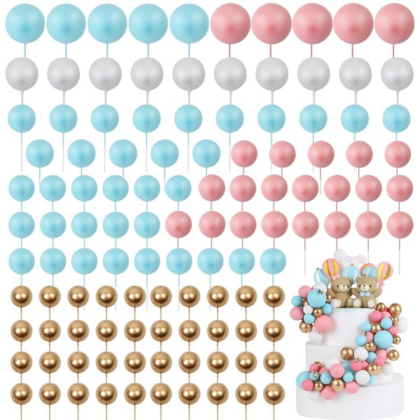 Acmee 115 PCS Ball Cake Toppers - Mini Balloon Cake Decorations Foam Ball Cupcake Picks DIY cake Insert Toppers for Gender Reveal Baby Shower Birthday Party- Blue Pink