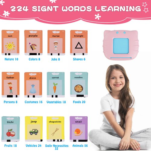 Talking Flash Cards for 3-12 Year Olds, Learning Toys Speech Therapy Educational Toy with 224 Sight Words, Christmas Birthday Gifts for Toddler Boy Girl