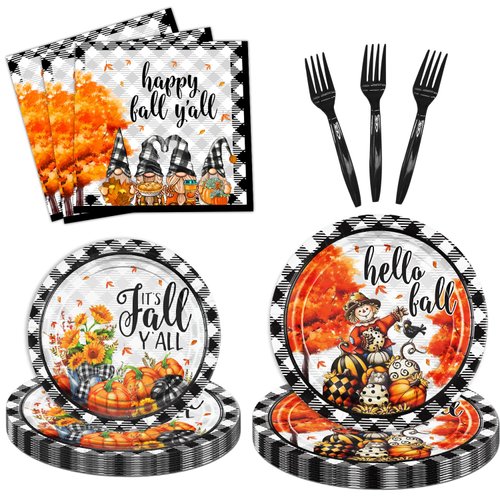 KORHONEN Fall Party Decorations, 96Pcs Thanksgiving Tableware Set Includes Fall Napkins Plates Forks, Fall Pumpkin Maple Thanksgiving Theme Party Supplies