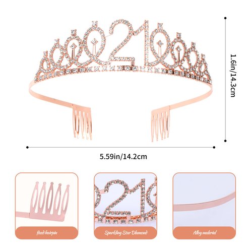 JasperKino 21th Birthday Sash and Tiara Set Rose Gold Birthday Sash Crown Birthday Party Favors Supplies for Girls Birthday Party