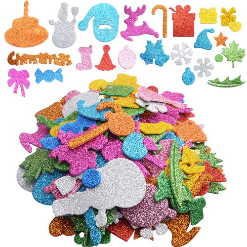 Foam Christmas Stickers,100pcs Glitter Self-Adhesive EVA Stickers Xmas Snowman Snowflake Cake Tree Gift Sugar Foam Stickers for Classroom Decorations Crafts DIY Scrapbooking Card