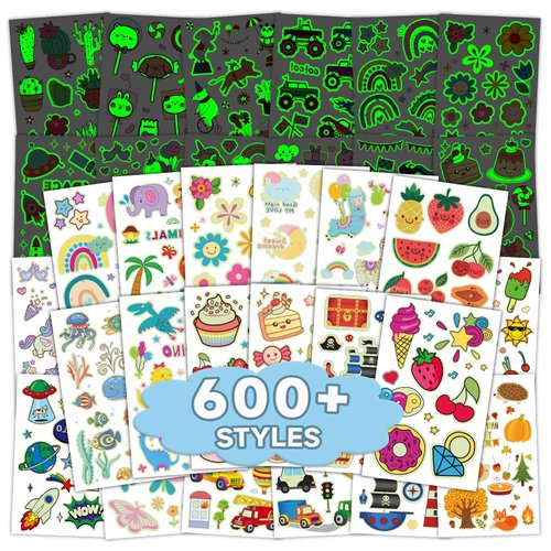 EMOME 600+ Mix Styles Glow Kids Tattoos for Party Supplies,Luminous Temporary Tattoos Stickers for Girls Boys,Fake Tattoos Kids Birthday Party Favors (56 Sheets)