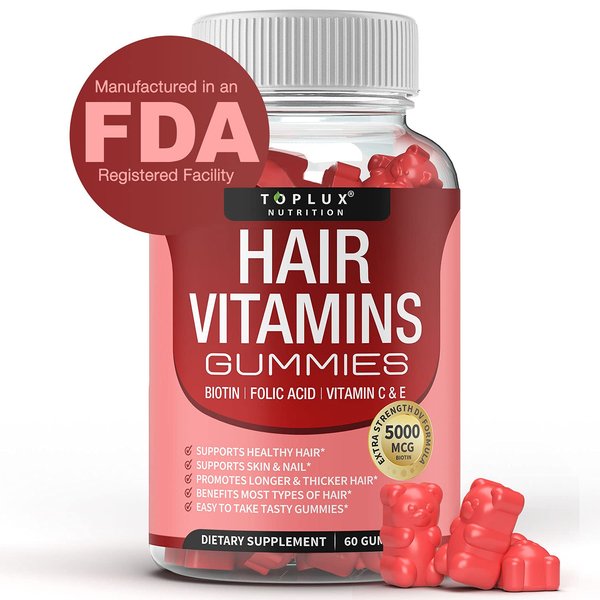 Hair Vitamins Gummies Supplement – Faster Hair Growth Gummy 5000mcg Biotin, Folic Acid, Vitamin C & E, Support Stronger & Thicker Hair, Skin, Nails, Non-GMO, for Men Women, 60 Berry Flavored Gummies