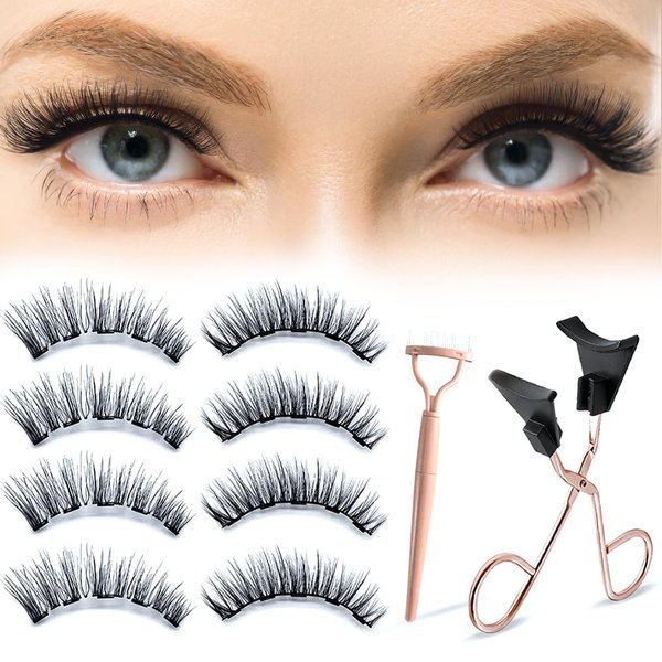 Magnetic Eyelashes, 3D Natural Look Dual Magnetic Lashes Kit with Applicator & Eyelash Comb, Magnetic Eyelashes without Eyeliner, Reusable & Waterproof False Eyelashes, 8 Count