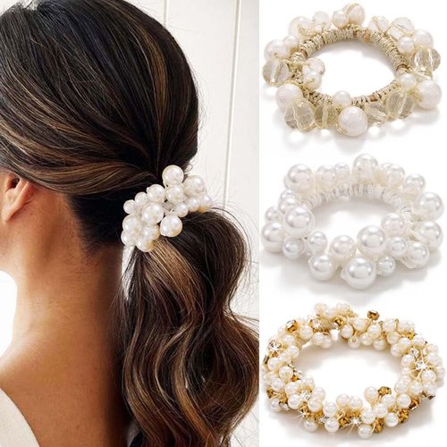 Fashey Pearl Hair Ties Beige Elastic Ponytail Holder 3 Pcs Rhinestone Hair Scrunchies Beaded Set Hairband Stretchy Hair Accessories for Women (type B)