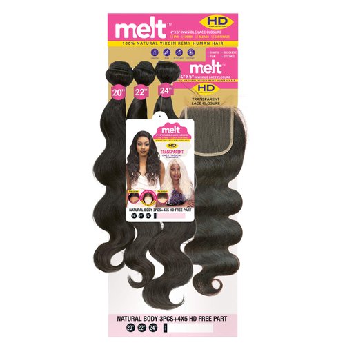 Janet melt 4x5 Invisible Lace Closure HD Free Part Transparent Lace Frontal Closure Natural Virgin Remy Human Hair MELT CLOSURE NATURAL BODY 3PCS (12"14"16", NATURAL)