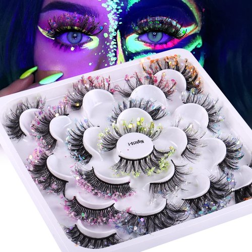 outopen Glitter Night Luminous False Eyelashes 8D Wispy Faux Mink Lashes Colored Eyelashes Dramatic Lashes for Halloween Party Stage Cosplay(10 Pairs)