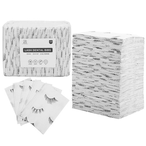 PRASNE Lashing Dental Bibs Disposable Pack of 125, Lash Pillow Cover of Lash Supplies, White 3-Ply Paper Poly Waterproof Towels, 13” x 18”, Black Eyelash Printed