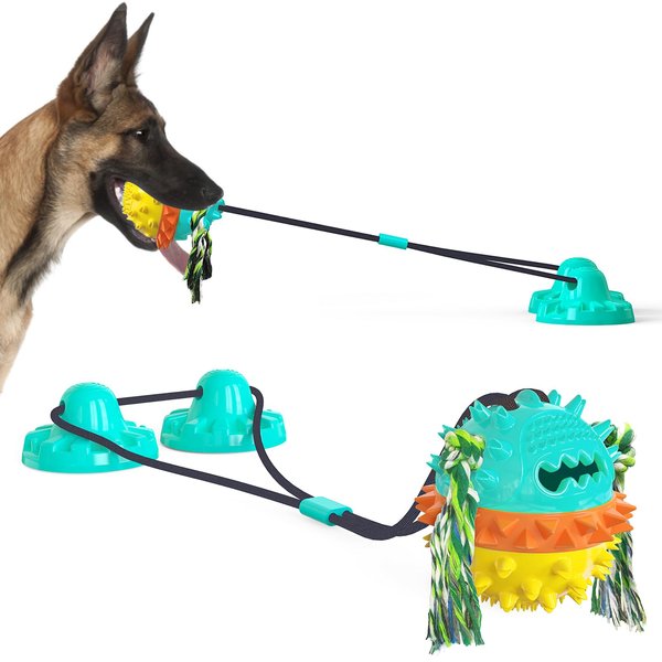 Jkzvicis Tug-A-Treat Dog Toy with Suction Cup - Durable, Interactive Treat Dispensing Chew Toy for Oral Care (Yellow/Green, Two)