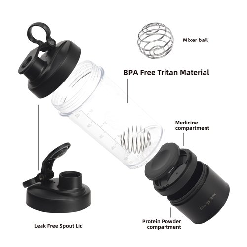 KINLYBO Blender Protein Shaker Tritan Bottle with Pill/Powder Storage Container for Protein Shakes-pre workout bottle-Mixer Cup-Gym Sport Water Bottle with Wire Whisk Balls Black