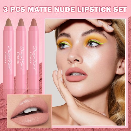 CAHIUYOA 3PCS Nude Matte Lipstick Set Lip Crayon Stick Smooth Velvet Nude Lip Gloss Lip Stain Non-Stick Cup Lip Makeup Lipstick for Women - Set A