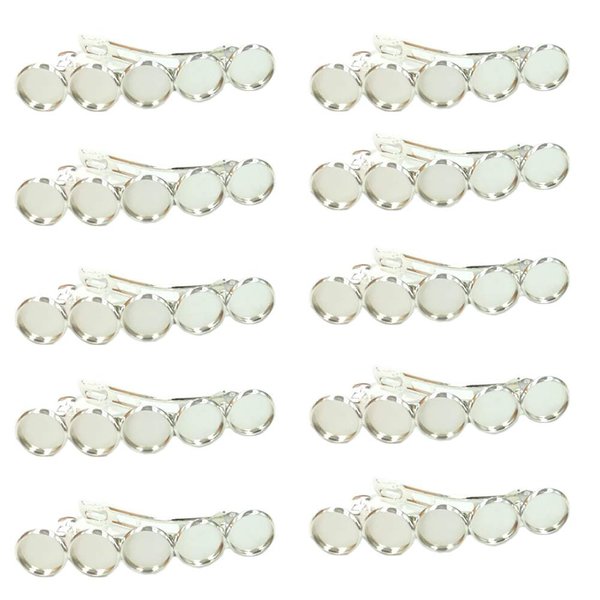 10 Pieces Metal Hair Clips with Round Tray Bases Fit 12mm Hair Clip Cabochon Settings, Silver Barrettes with Blank Trays for DIY Hair Accessories Making