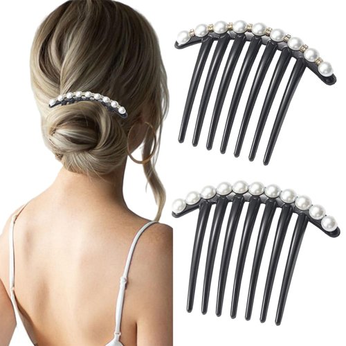 2pcs Black French Twist Hair Comb Clips Pearl Rhinestone Side Comb for Women Wedding Rhinestone Pearl Bridal Hair Accessories Vintage Decorative Hair Pins (A)