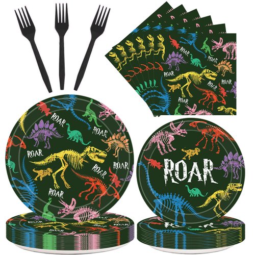 96 Pcs Dinosaur Party Supplies Include Dinosaur Birthday Paper Plates Forks Napkins Tableware Set for Boys Kids Dino Theme Birthday Party Decorations 24 guests