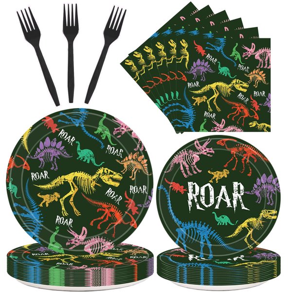 96 Pcs Dinosaur Party Supplies Include Dinosaur Birthday Paper Plates Forks Napkins Tableware Set for Boys Kids Dino Theme Birthday Party Decorations 24 guests