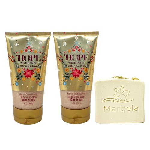 Bath & Body Works HOPE Winter Peach Marshmallow 2 Pack Body Scrub Gift Set with a Wild Jasmine Bar Soap - Full Size