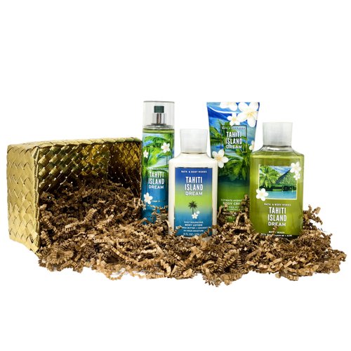 Generic Bath and Body Work TAHITI ISLAND DREAM Deluxe Gold Woven Basket Gift Set - Fragrance Mist - Body Cream - Body Wash and Body Lotion - Full Size, green