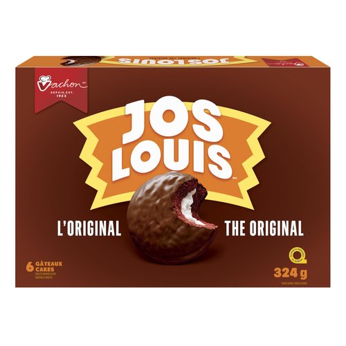 Vachon Jos Louis the Original 6-delicious Sponge Cake with Vanilla-flavoured Creme Filling Coated in a Chocolatey Layer, 324g, 11.4 Oz Box. Made in Montreal Quebec Canada