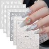 White Flower Nail Art Stickers Decals 5D Embossed Floral Petal with Pearls Rhinestone Nail Design Stickers White Magnolia Flowers Nail Decals Self Adhesive Camellia Flower Stickers for Nail Art 6Pcs