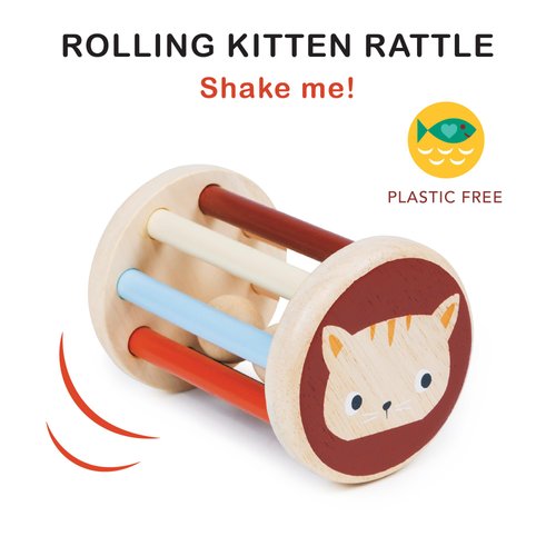 Mentari Toys - Rolling Kitten Rattle - Wooden Rolling Rattle for Babies - Montessori Baby Sensory Toy - Boost Gross Motor Skills - Baby First Toy, Baby Shower Gift - Age Birth+