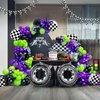 Truck Theme Purple and Green Black Balloon Garland Arch Kit with Big Wheels checkered star mylar foil balloons For Kids 2th 3th 4th Boy Birthday Truck Race Car Party Decorations