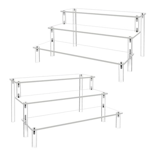 2Pack Acrylic Display Risers,Clear Shelf 3 Tier Cupcake Display Stand Steps for Food Desserts Stand Perfume Organizer Amiibo Funko POP Figures Toys Collections，Small Mini Display Stand for Organizer