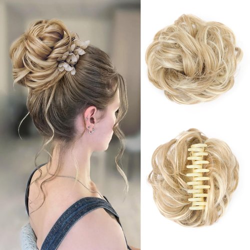 LyoRuSi Hair Bun Extensions For Women, Claw Clip Messy Bun Hair Piece Wavy Curly Chignon Hair Bun Extensions Tousled Updo Hair Buns Claw Clip Ponytail Hairpieces（24H613#）