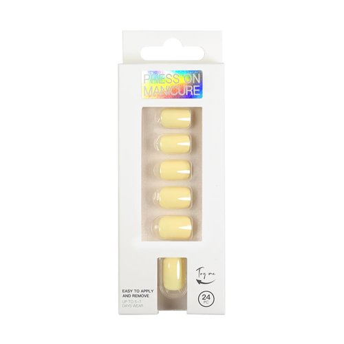 24 Pcs Lemon Yellow Press on Nails Short Square - SHANRUN Spring Pure Color Fake Nails French Glossy Gel X Nail Tips Full Cover Acrylic Nails Press ons with Nail File Stick Jelly Glue on Nails Art Kit