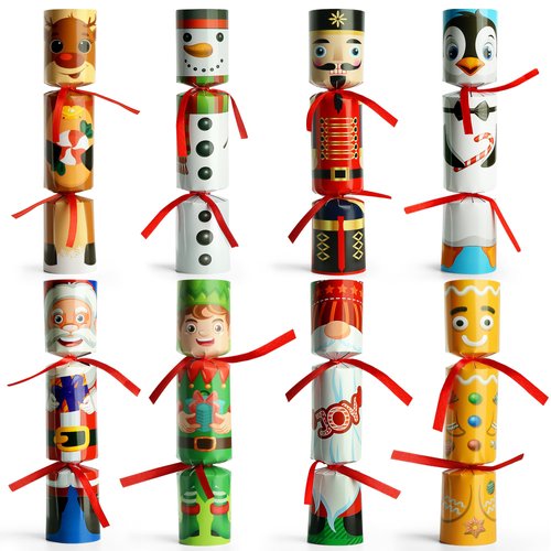 D-FantiX 8Pcs Christmas Non-Snap Party Table Favors with Party Hats Joke Little Gifts for Kids Adults, 8 Christmas Character Design, Xmas Seasonal Holiday Dinner Traditions Supplies