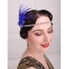 Aimimier Bridal 1920s Flapper Feather Headband Royal Blue Feather Hair Clip with Crystal Head Chain Roaring 20s Headpiece Accessories for Women and Girls