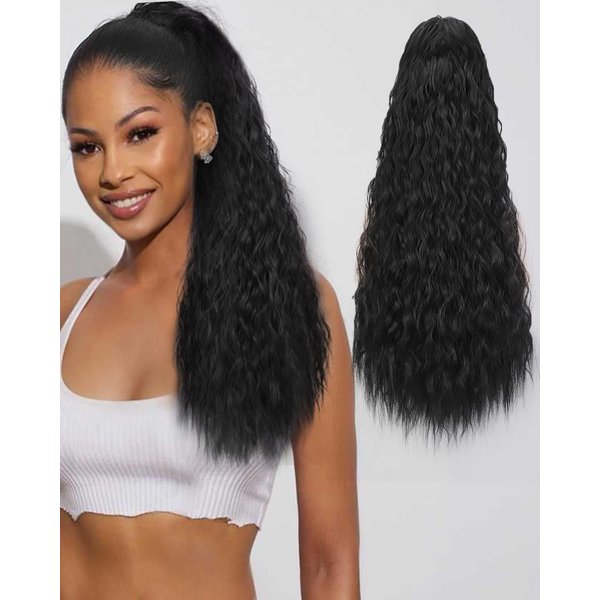 Stamped Glorious Ponytail Extension for Black Women Synyhetic Drawstring Ponytail Hair Extensions Long Curly Clip in Ponytail for Daily Party Use（24 Inch Black ）
