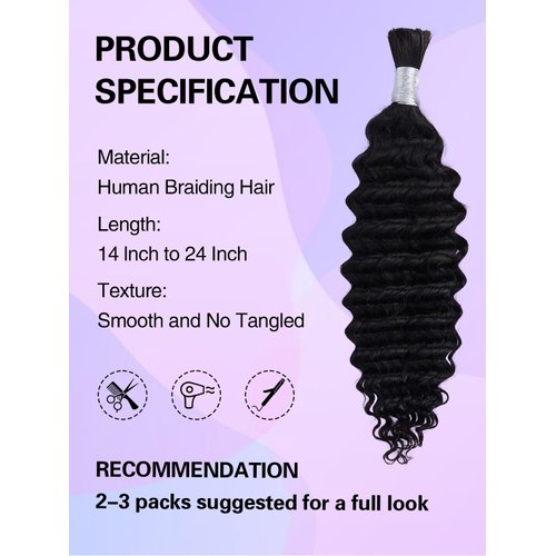 Beidwin 100g 18 Inch Human Braiding Hair for Boho Braids Deep Wave Human Hair Braiding Hair 10A Brazilian Virgin No Weft Hair Extensions for Bohemian Knotless Braids Bulk Human Hair for Braiding
